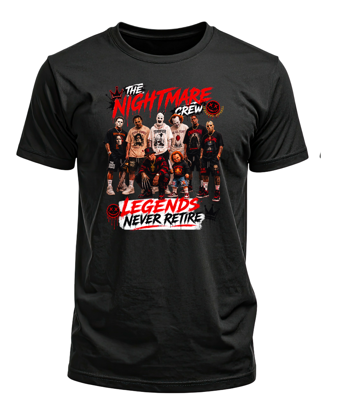 Black Nightmare Crew T-shirt with a horror-character lineup and red and white Legends Never Retire lettering