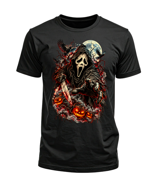Black T-shirt featuring Ghostface beneath a full moon with ravens, smoke, and glowing orange pumpkins