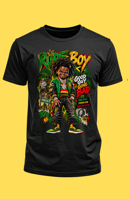 Black Rude Boy Good Guy Gone Bad T-shirt with a grinning doll character in green, yellow, and red streetwear, shown against a yellow background