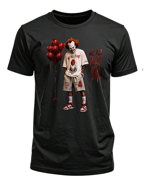 Black T-shirt featuring a red-haired horror clown beside red balloons and We All Float Down Here lettering