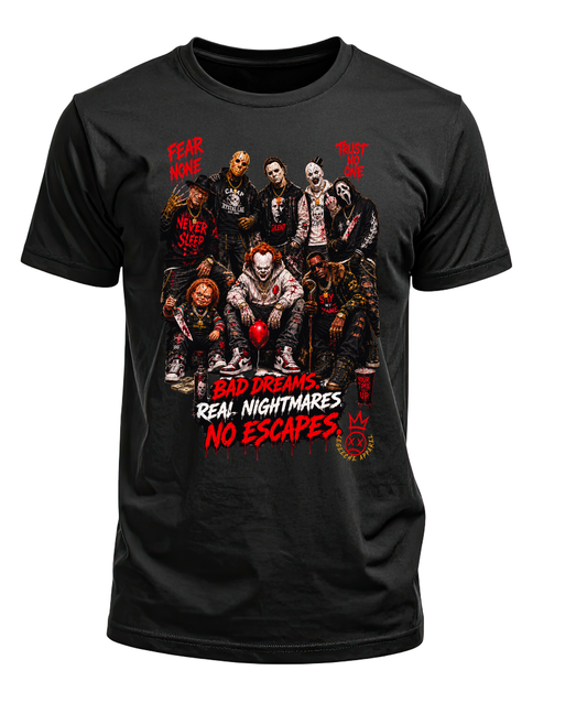 Black T-shirt with a horror-character group graphic and red and white Bad Dreams, Real Nightmares, No Escapes lettering