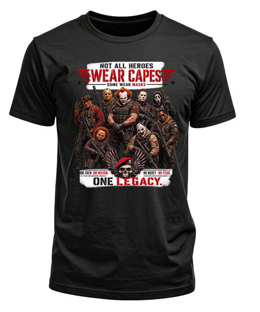 Black T-shirt with horror characters, Not All Heroes Wear Capes Some Wear Masks lettering, and a skull in a red beret