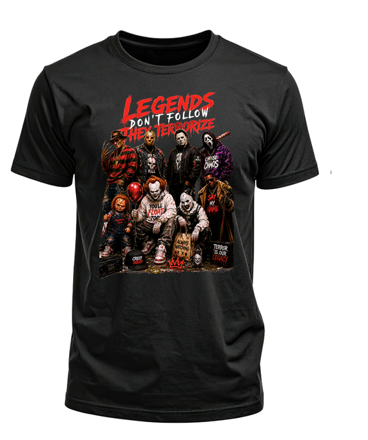 Black T-shirt with a horror-character lineup, red balloon, and Legends Don't Follow They Terrorize lettering