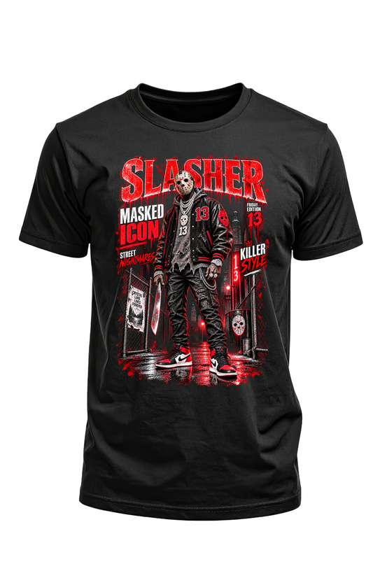Black Slasher Masked Icon T-shirt featuring a hockey-masked figure in a varsity jacket in a red-lit alley