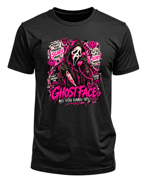 Black T-shirt with a pink Ghostface graphic, hearts, and No You Hang Up lettering