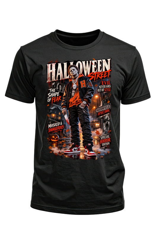 Black Halloween Street T-shirt featuring a white-masked figure in a varsity jacket and orange hoodie with pumpkins and a nighttime street backdrop