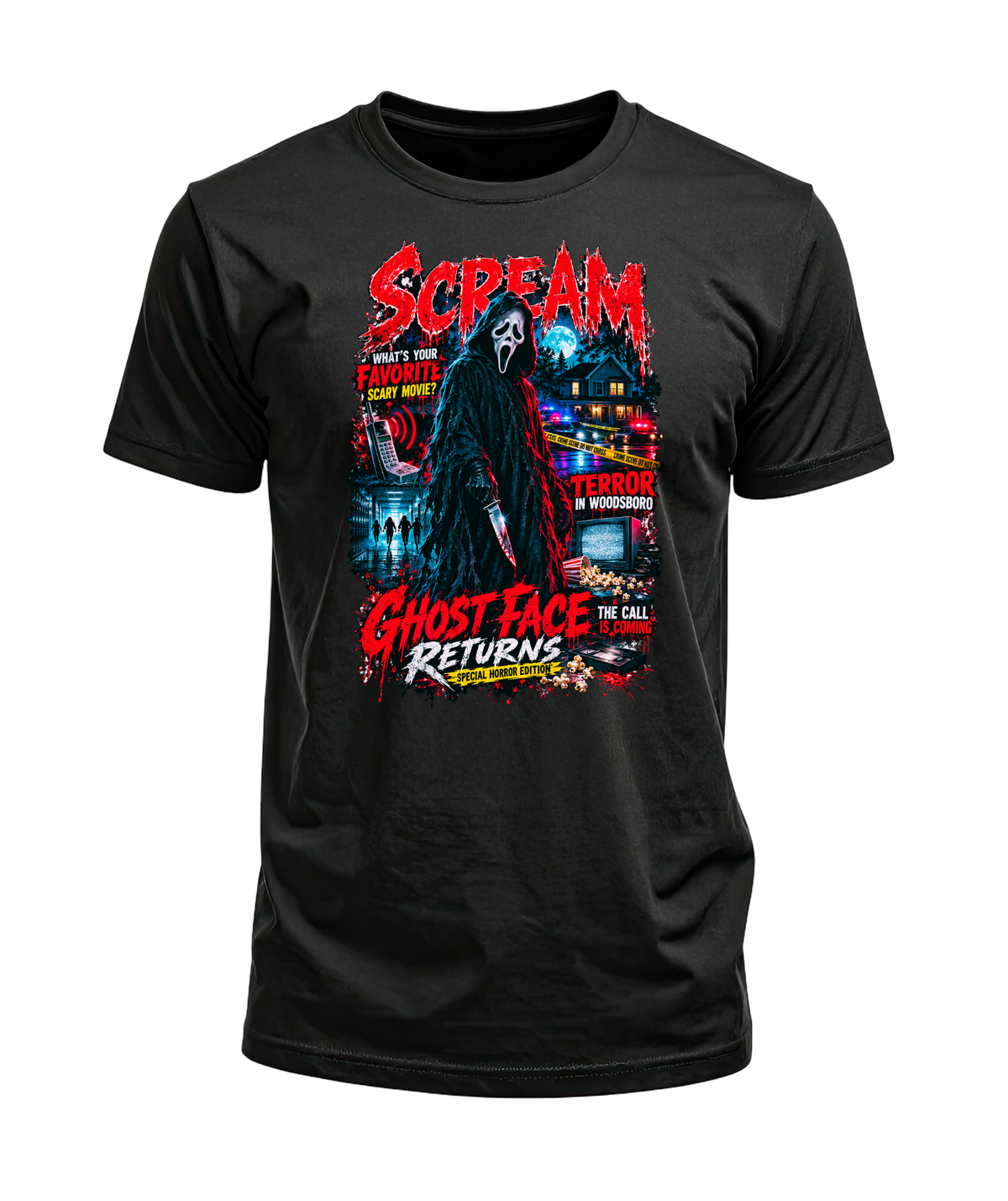 Black Ghostface Returns T-shirt with red Scream lettering and a blue and red horror collage