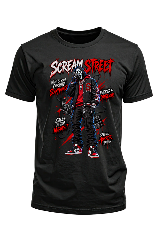 Black Scream Street T-shirt featuring Ghostface in a black and red varsity jacket with red and white lettering